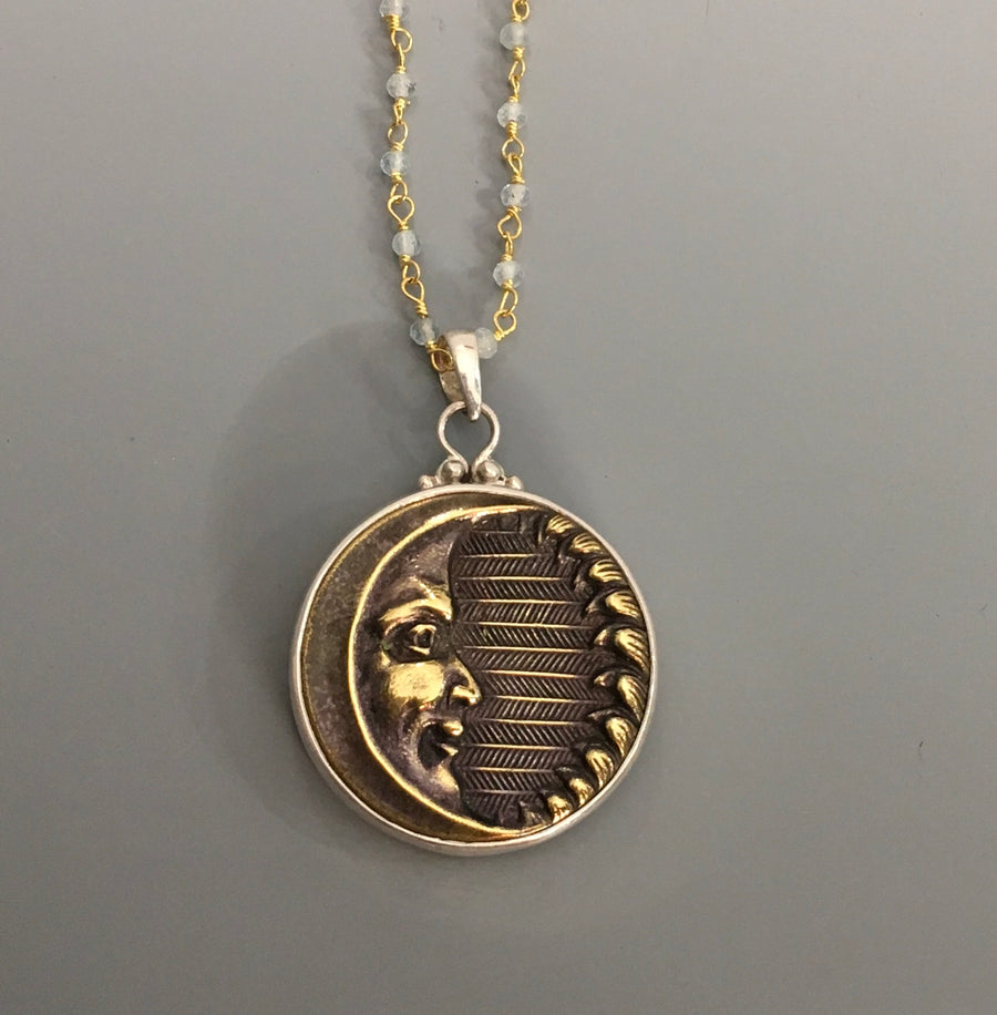 Victorian Moon Metal Button set in Sterling Silver w/  facet stone necklace