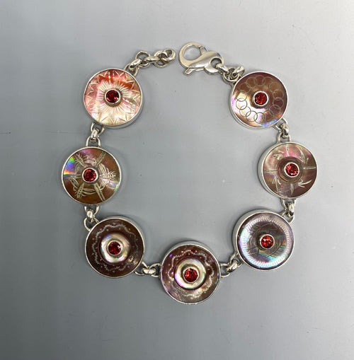 Victorian Tinted Shell and Pearl Buttons w/Garnet Stone Facet Center Bracelet