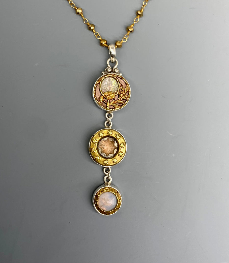 Victorian Opalescent Glass in Metal Three Button Drop Set in Sterling Silver Accented with Pyrrite Facet Rosary