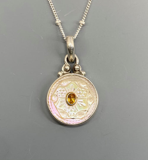 Victorian Carved Shell Button W/ Tourmaline set in Sterling silver