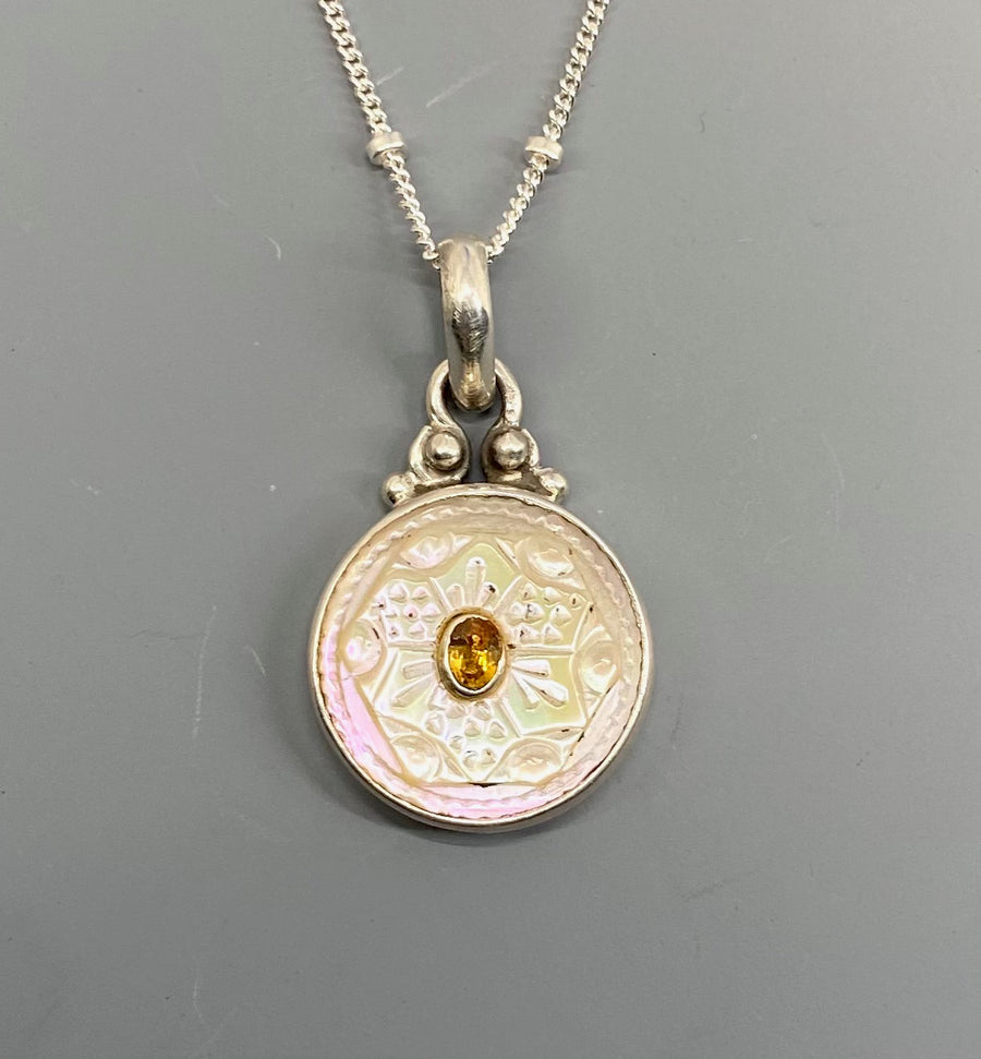 Victorian Carved Shell Button W/ Tourmaline set in Sterling silver