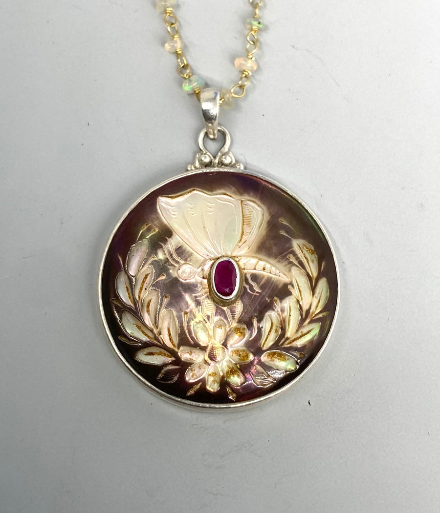 Victorian Carved Shell Butterfly Button set in Sterling silver