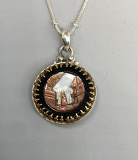 Victorian Carved Shell Village Scene Set in Glass & Brass Button in Sterling silver