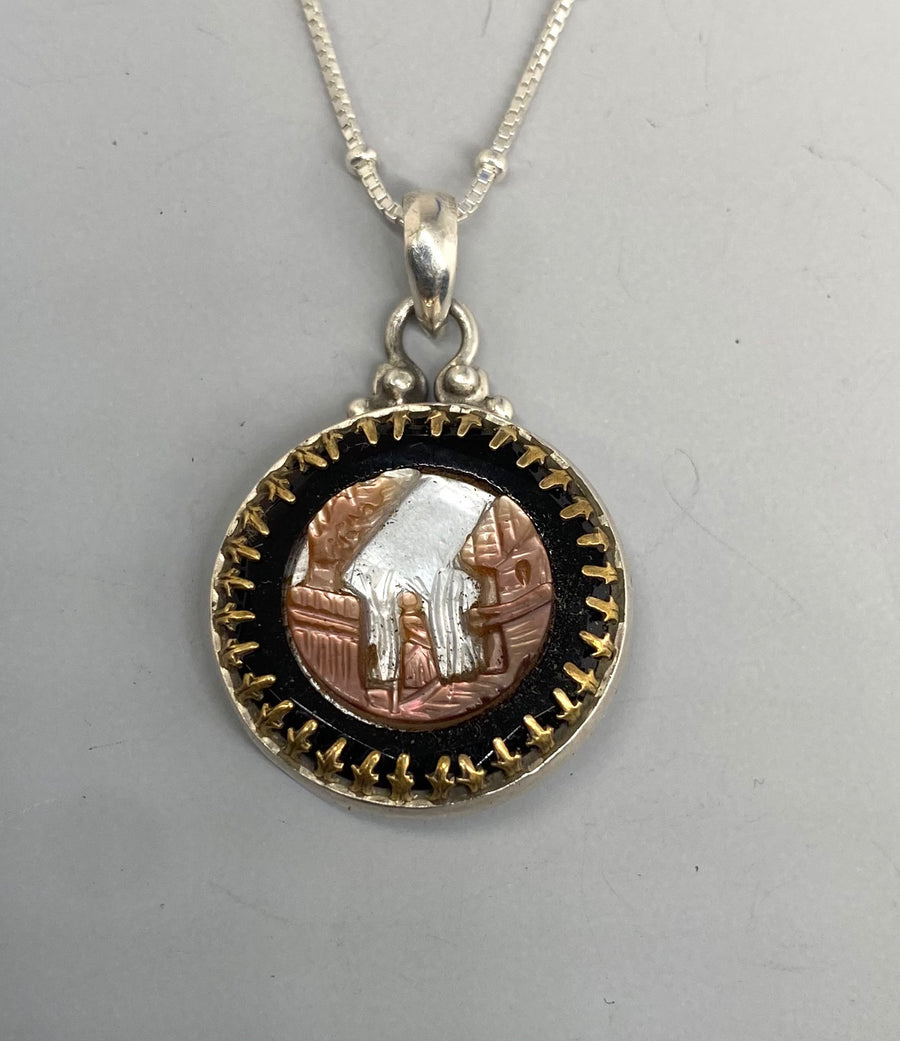 Victorian Carved Shell Village Scene Set in Glass & Brass Button in Sterling silver