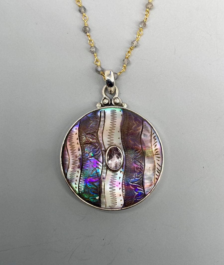 Victorian Carved Shell w/ facet Amethyst Center  Button set in Sterling silver