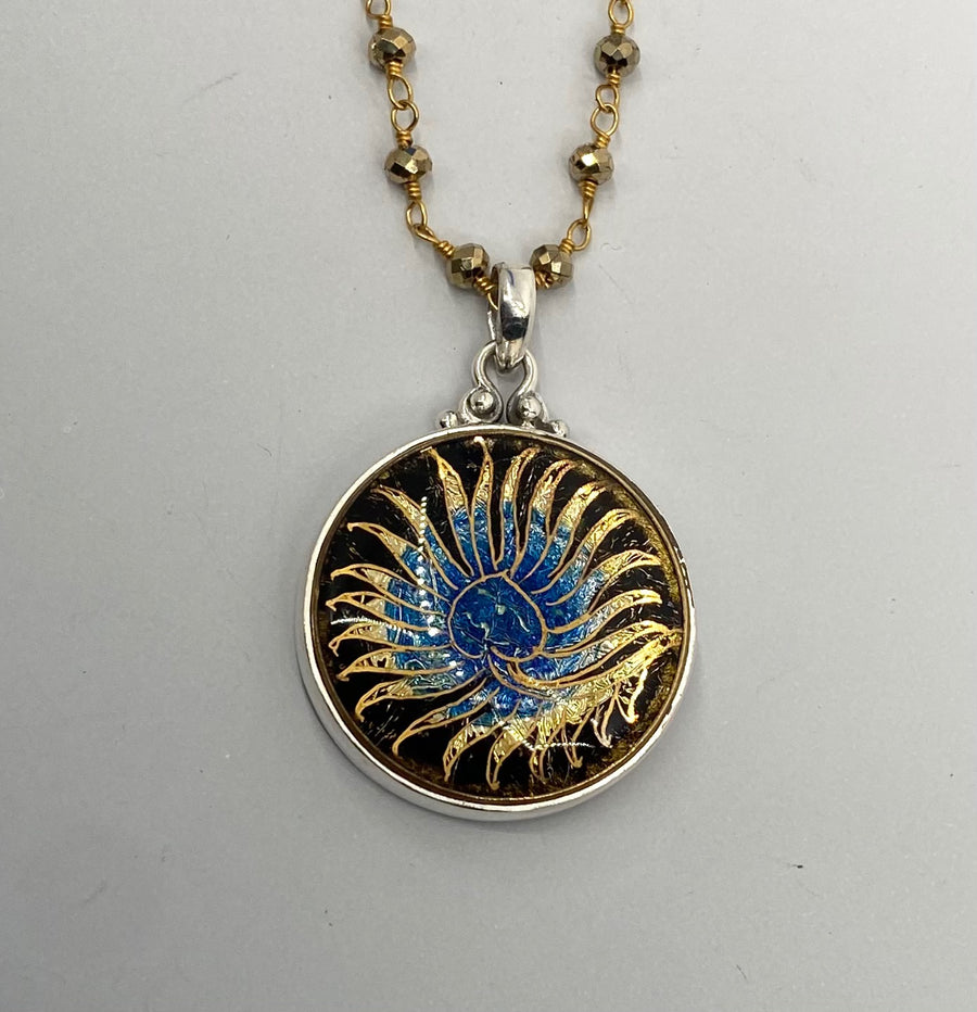 Victorian Design Under Glass Set in Brass Button set in Sterling silver