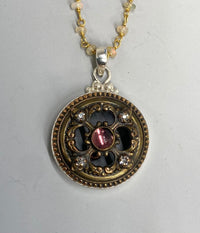 Victorian Pierce Ornate Brass Button with Purple and Rhinestone Glass Accent set in Sterling Silver