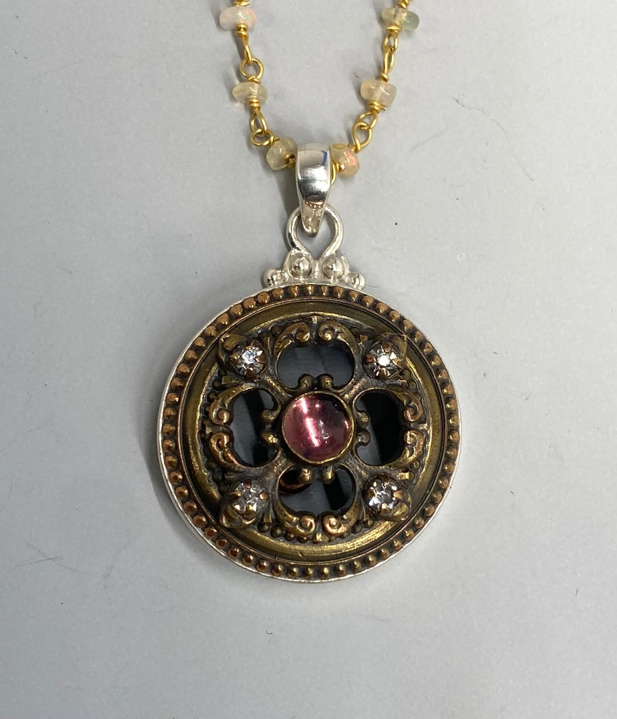 Victorian Pierce Ornate Brass Button with Purple and Rhinestone Glass Accent set in Sterling Silver