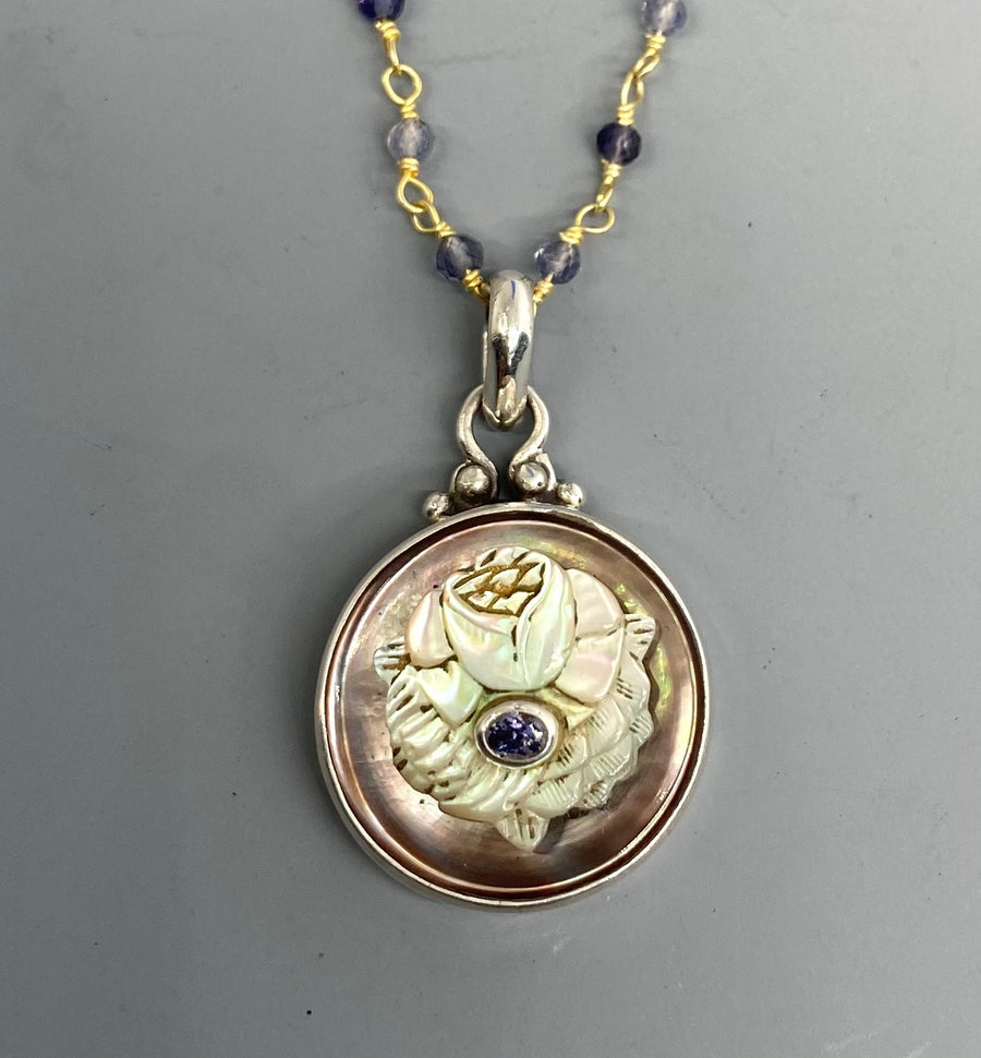 Victorian Caved Shell Button with Iolite Center Button set in Sterling Silver