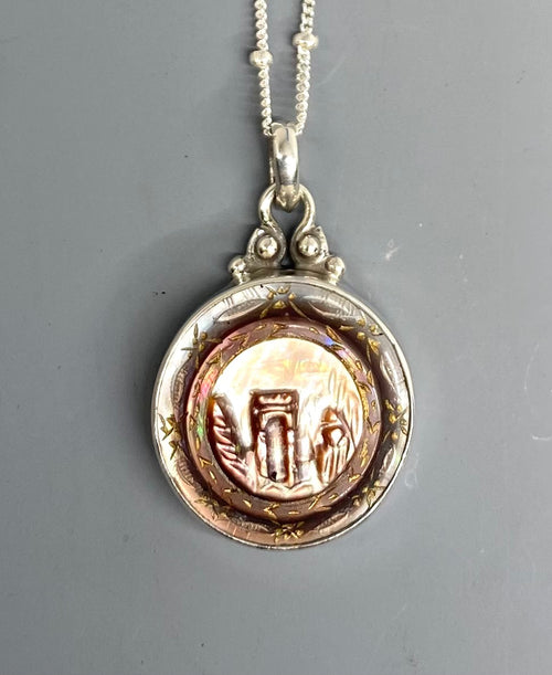 Victorian Carved Village Scene Button set in Sterling silver