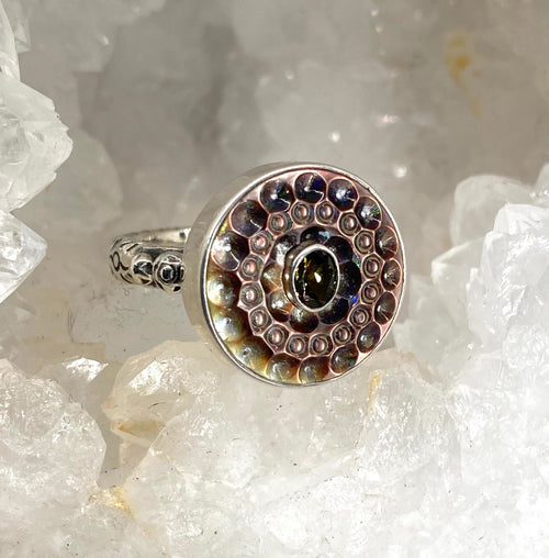 Victorian Carved Tinted Shell Button with Tourmaline Center Set in Sterling silver Ring Size 8.5
