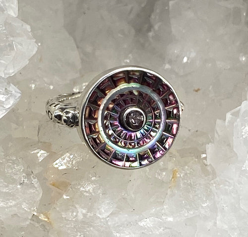 Victorian Carved Tinted Shell Button with Iolite Center Set in Sterling silver Ring size 8.5