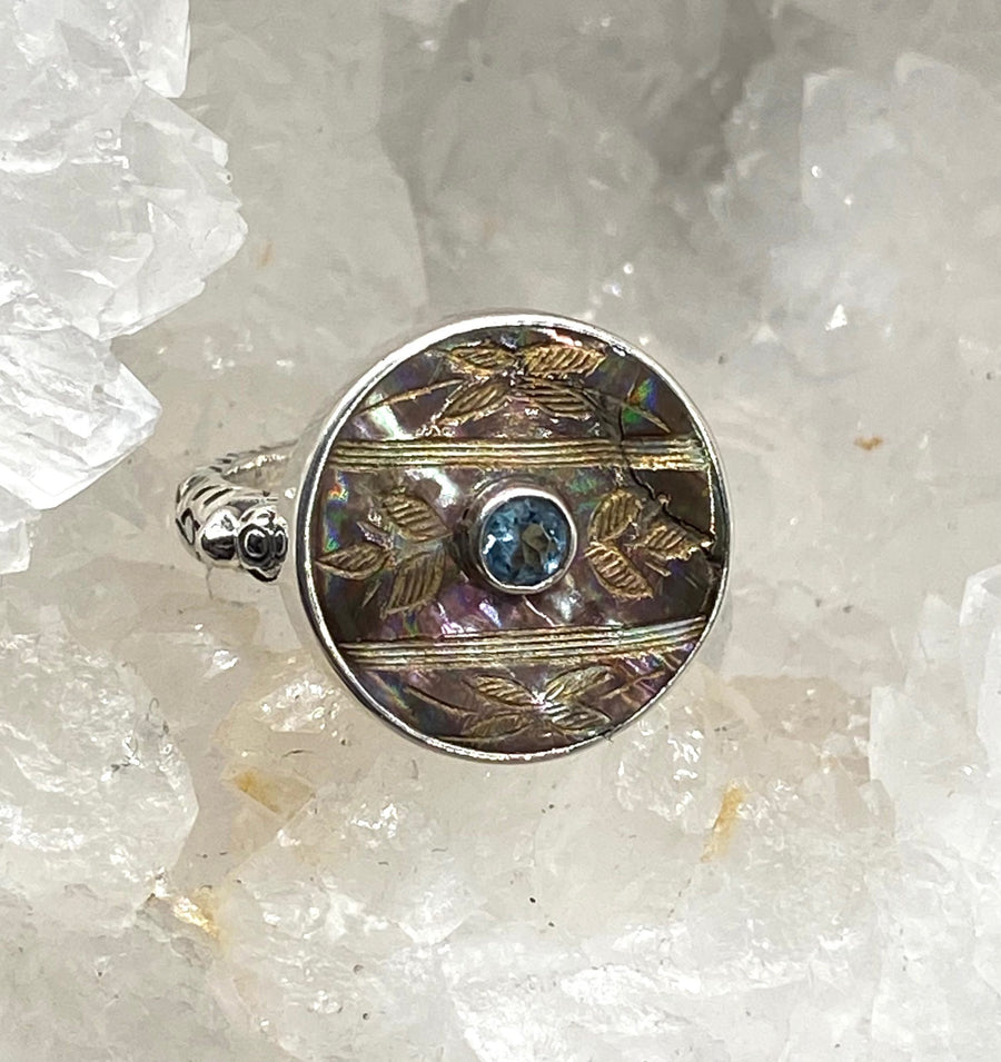 Victorian Carved Tinted Shell Button with Topaz Center Set in Sterling silver Ring Size 8.5