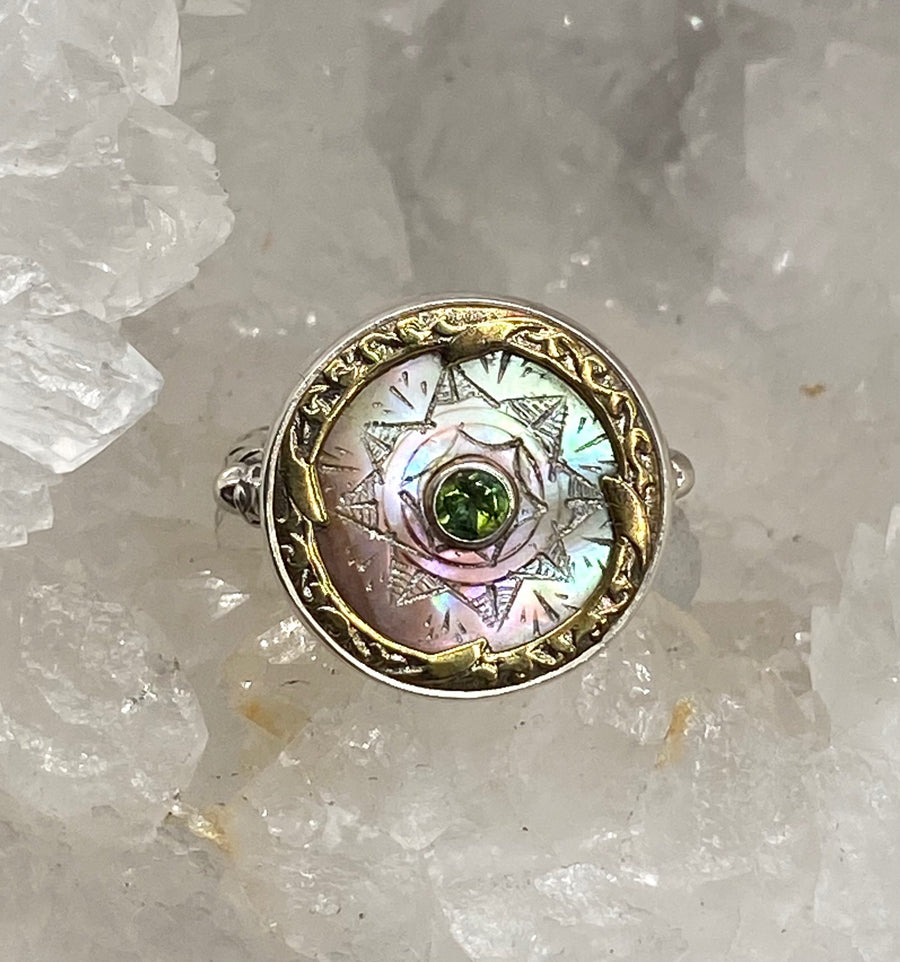 Victorian Carved Tinted Shell Button with Tourmaline Center Set in Sterling silver Ring Size 8