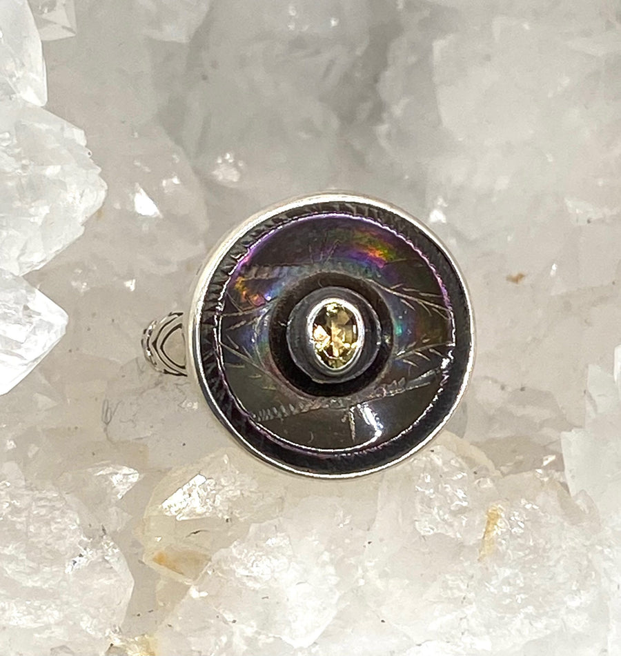 Victorian Carved Tinted Shell Button with Tourmaline Center Set in Sterling silver Ring Size 8