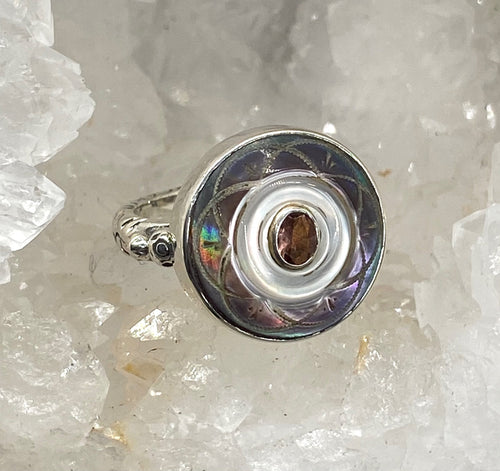 Victorian Carved Shell Button w/ Pink tourmaline set in  Sterling Silver Ring Size 7.5