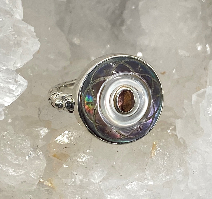 Victorian Carved Shell Button w/ Pink tourmaline set in  Sterling Silver Ring Size 7.5