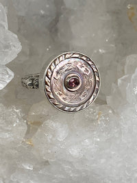 Victorian Carved Tinted Shell Button with Tourmaline Center Set in Sterling silver Ring Size 7.5