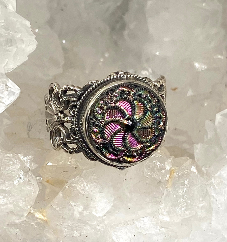 Victorian Luster Glass Button set in Filigree Sterling Silver Ring Size 8