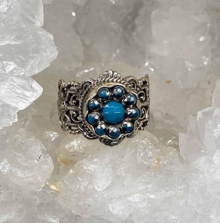 Victorian Luster Blue Glass Button set in Filigree Sterling Silver Ring Size 7.5
