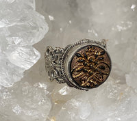 Victorian Gold Luster Glass Button set in Filigree Sterling Silver Ring Size 7.5
