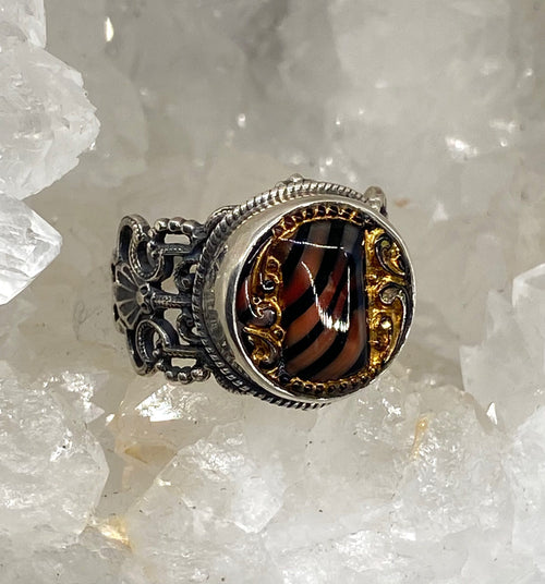 Victorian Luster Glass Button set in Filigree Sterling Silver Ring Size 7.5