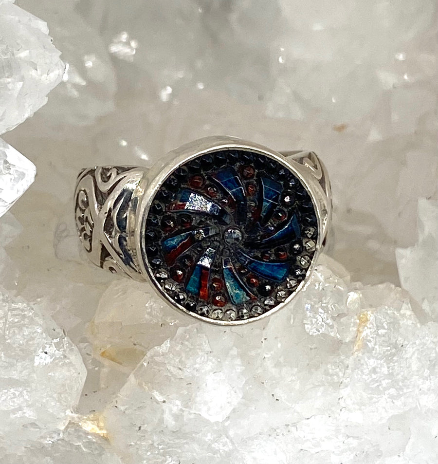 Victorian Lacy Glass Button set in Sterling Silver Ring Size 8