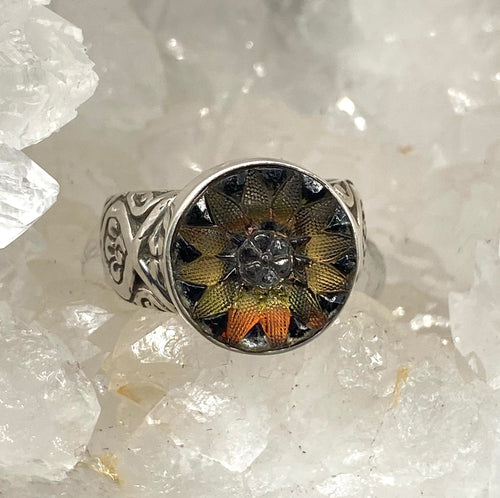 Victorian Lacy Glass Button set in Sterling Silver Ring Size 7.5