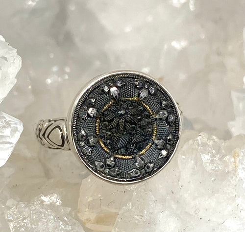 Victorian Lacy Glass Button set in Sterling Silver Ring Size 7