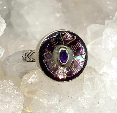 Victorian Carved Tinted Shell Button with Amethyst Center Set in Sterling silver Ring Size 7
