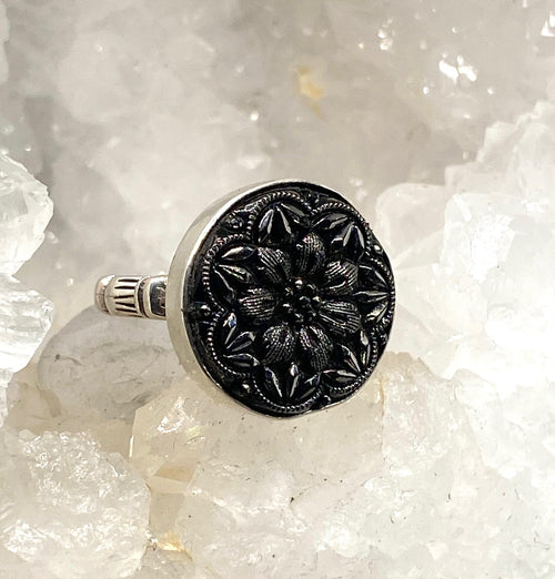 Vintage Silver Luster Czech Glass Button set  in  Sterling Silver Ring Size 7.5