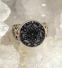 Victorian Lacy Glass Button set in Sterling Silver Ring Size 7