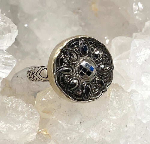 Vintage Czech Glass Button with Silver Luster set in Sterling Silver Ring Size 7