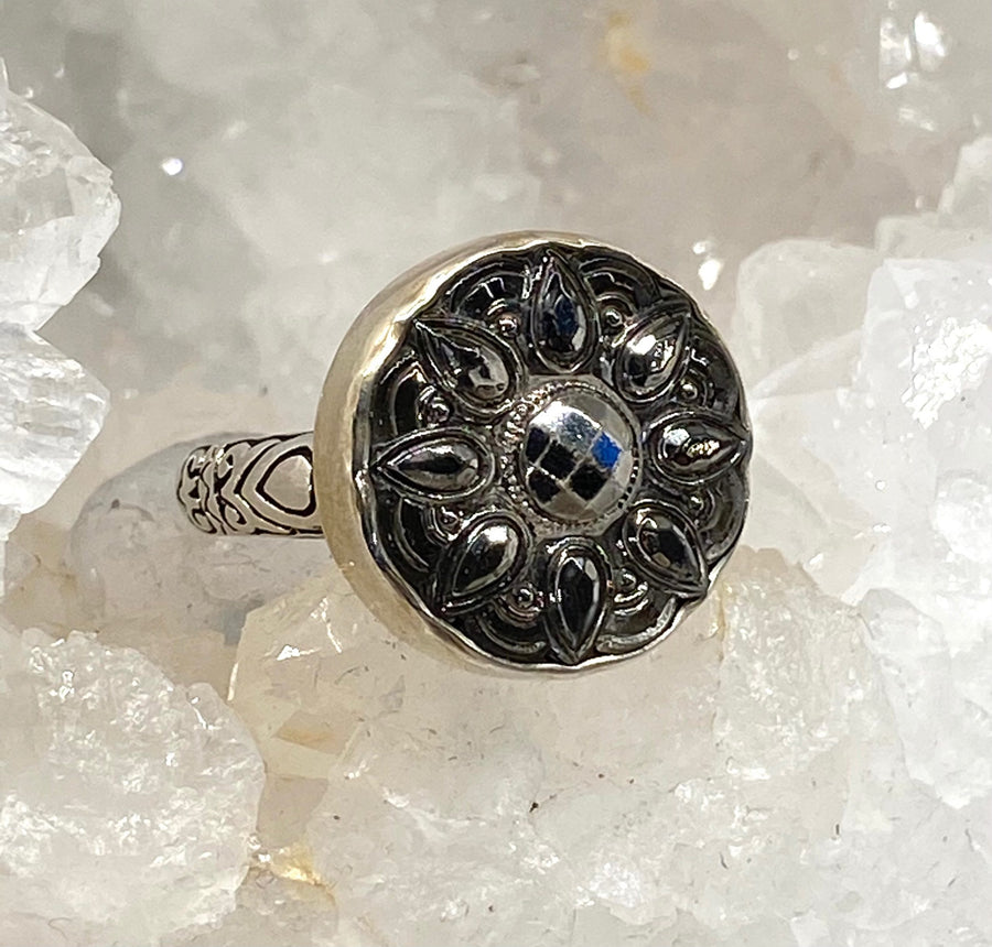 Vintage Czech Glass Button with Silver Luster set in Sterling Silver Ring Size 7