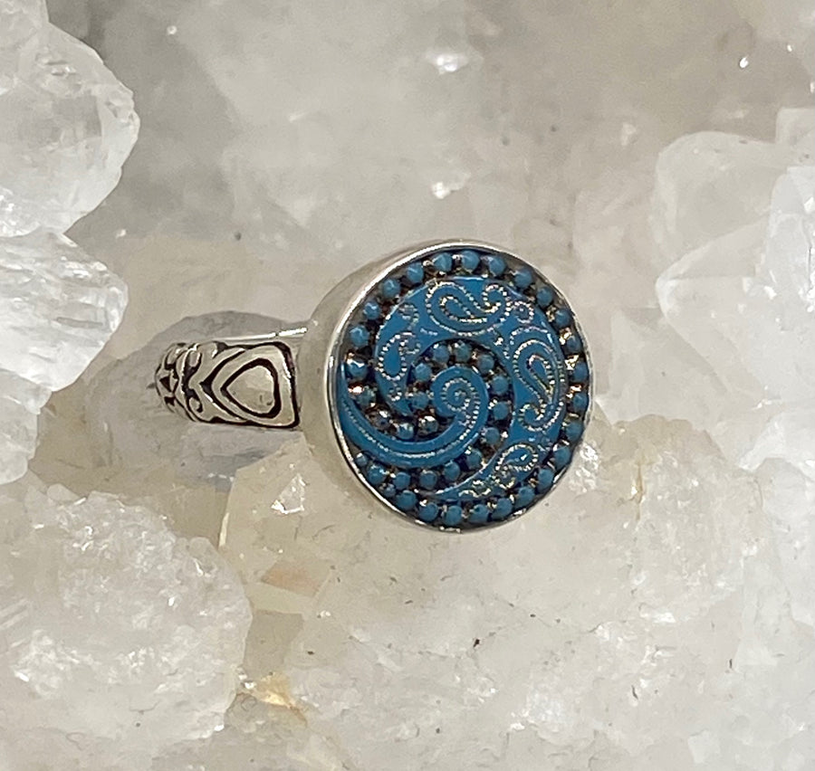 Victorian Blue Glass Button set in Sterling Silver Ring Size 7