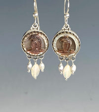 Victorian Carved Shell Button Image of Bird set in Sterling silver w/ Ethiopian Opal & Pearl Dangle Accent