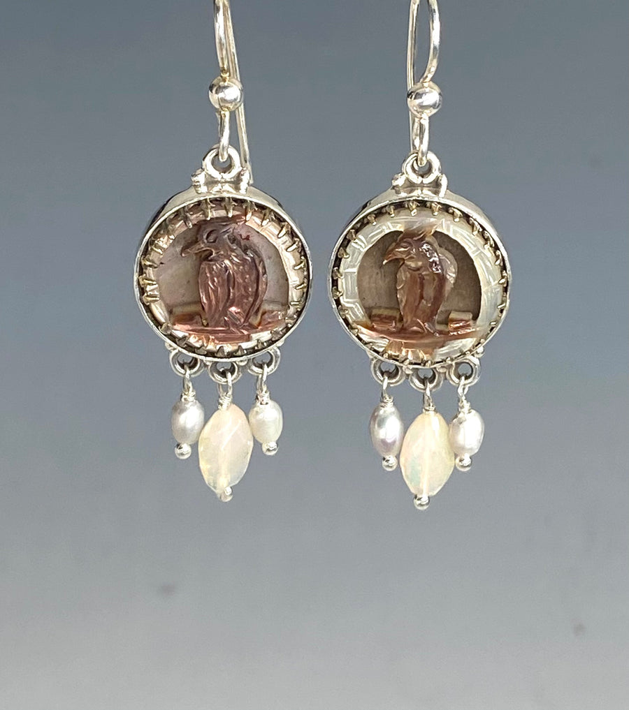 Victorian Carved Shell Button Image of Bird set in Sterling silver w/ Ethiopian Opal & Pearl Dangle Accent