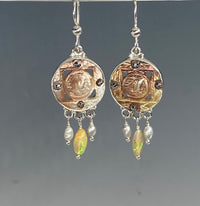 Victorian Carved Shell Button Village Scene set in Sterling silver w/ Ethiopian Opal & Pearl Dangle Accent