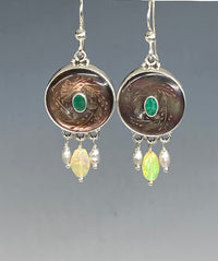 Victorian Carved Shell & Pearl Button With Emerald Center set in Sterling silver w/ Opal & Pearl Dangle Accent