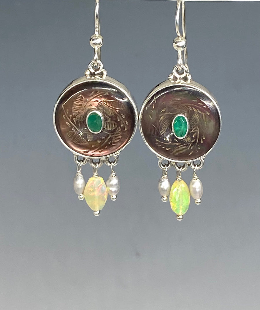 Victorian Carved Shell & Pearl Button With Emerald Center set in Sterling silver w/ Opal & Pearl Dangle Accent