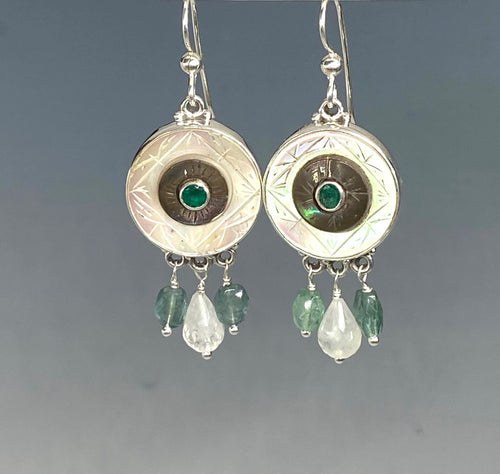 Victorian Carved Shell & Pearl Button With Emerald Center set in Sterling silver w/ Rainbow Quartz & TourmalineStone Dangle Accent