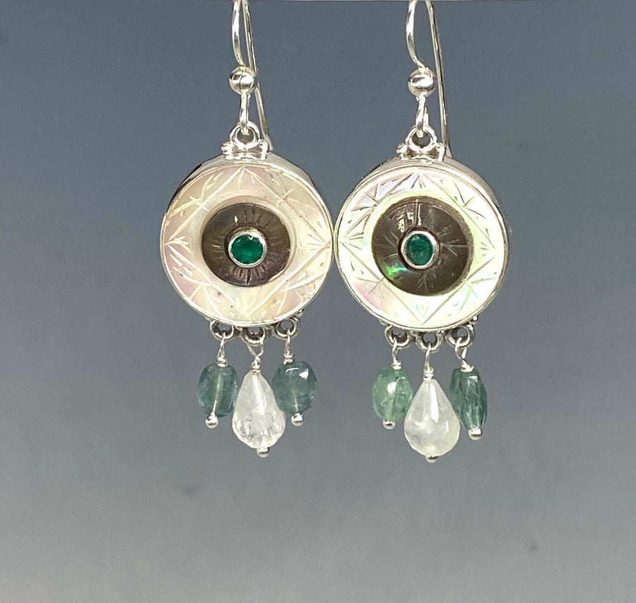 Victorian Carved Shell & Pearl Button With Emerald Center set in Sterling silver w/ Rainbow Quartz & TourmalineStone Dangle Accent