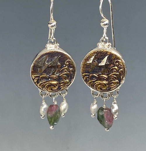 Victorian European Picture Metal Steel Facet Lightening Bold & Cloud Button set in Sterling Silver