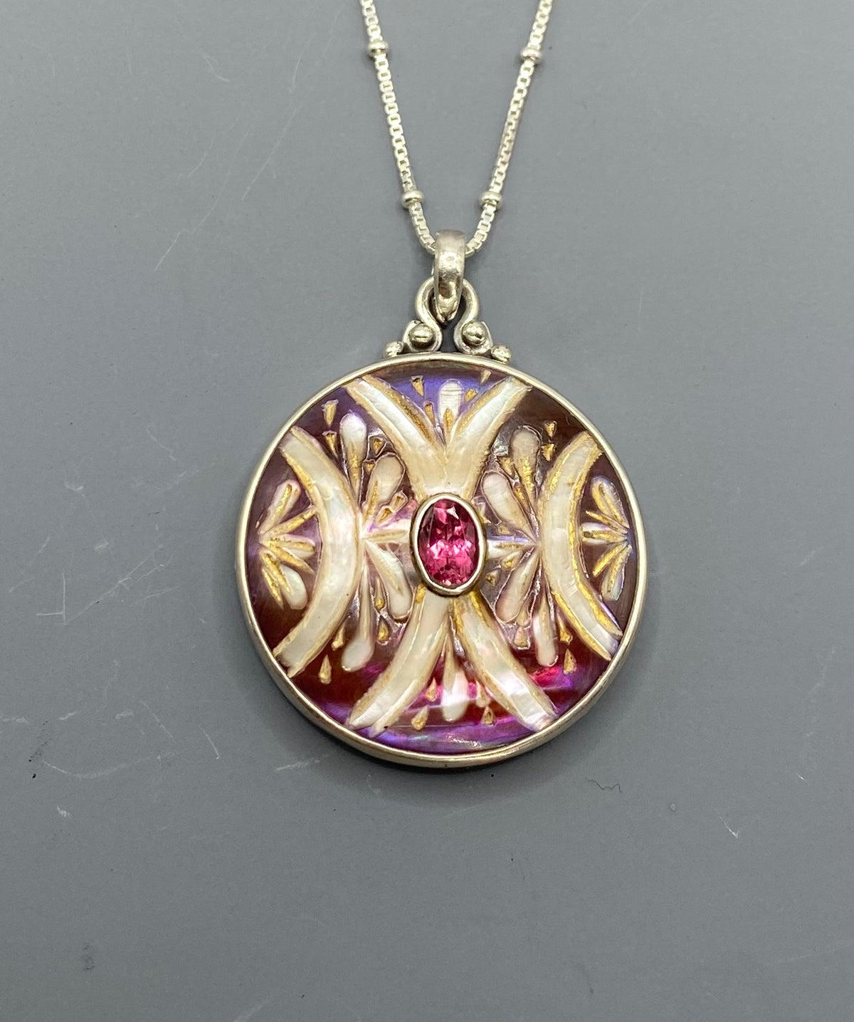 Antique Button Carved Shell w/ Tourmaline Stone Center Button set in Sterling Silver Pendant accented with Sterling Silver Satellite Chain 20 "