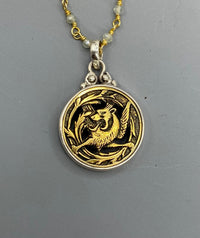 Antique Openwork Brass Dragon Button set in Sterling Silver accented with Facet Quartz Rosary Necklace 18"