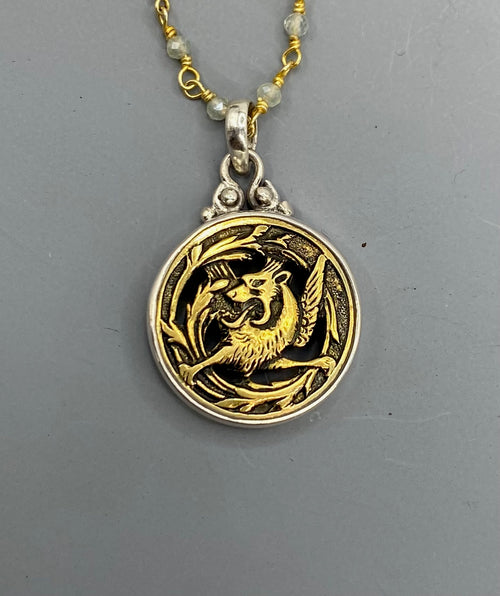 Antique Openwork Brass Dragon Button set in Sterling Silver accented with Facet Quartz Rosary Necklace 18"