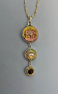 Antique 3 Button Drop Elephant Luster Glass Button, Carved Shell Fan Button & Glass in Metal All set in Sterling Silver Pendant accented with Stone Facet Rosary Necklace