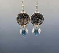 Antique Victorian Charter Oak Metal Button set in Sterling Silver Earring with Facet Topaz Stone & Pearl Accent