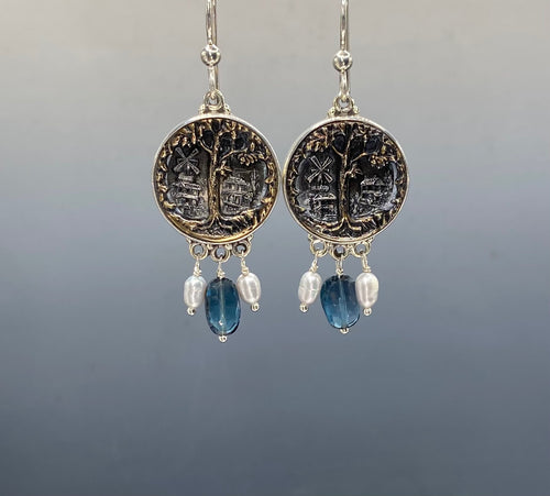 Antique Victorian Charter Oak Metal Button set in Sterling Silver Earring with Facet Topaz Stone & Pearl Accent