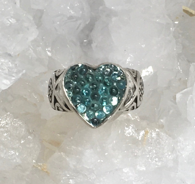 Vintage  Czech Blue Glass Heart Shape Button set in sterling silver ring Size 7